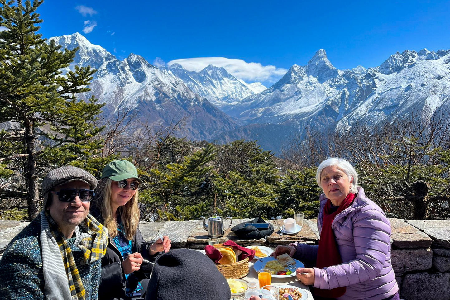 Breakfast at Hotel Everest View with the Everest mountains on the backdrop